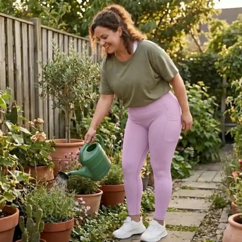Woman watering a garden in pink YLA 3D leggings