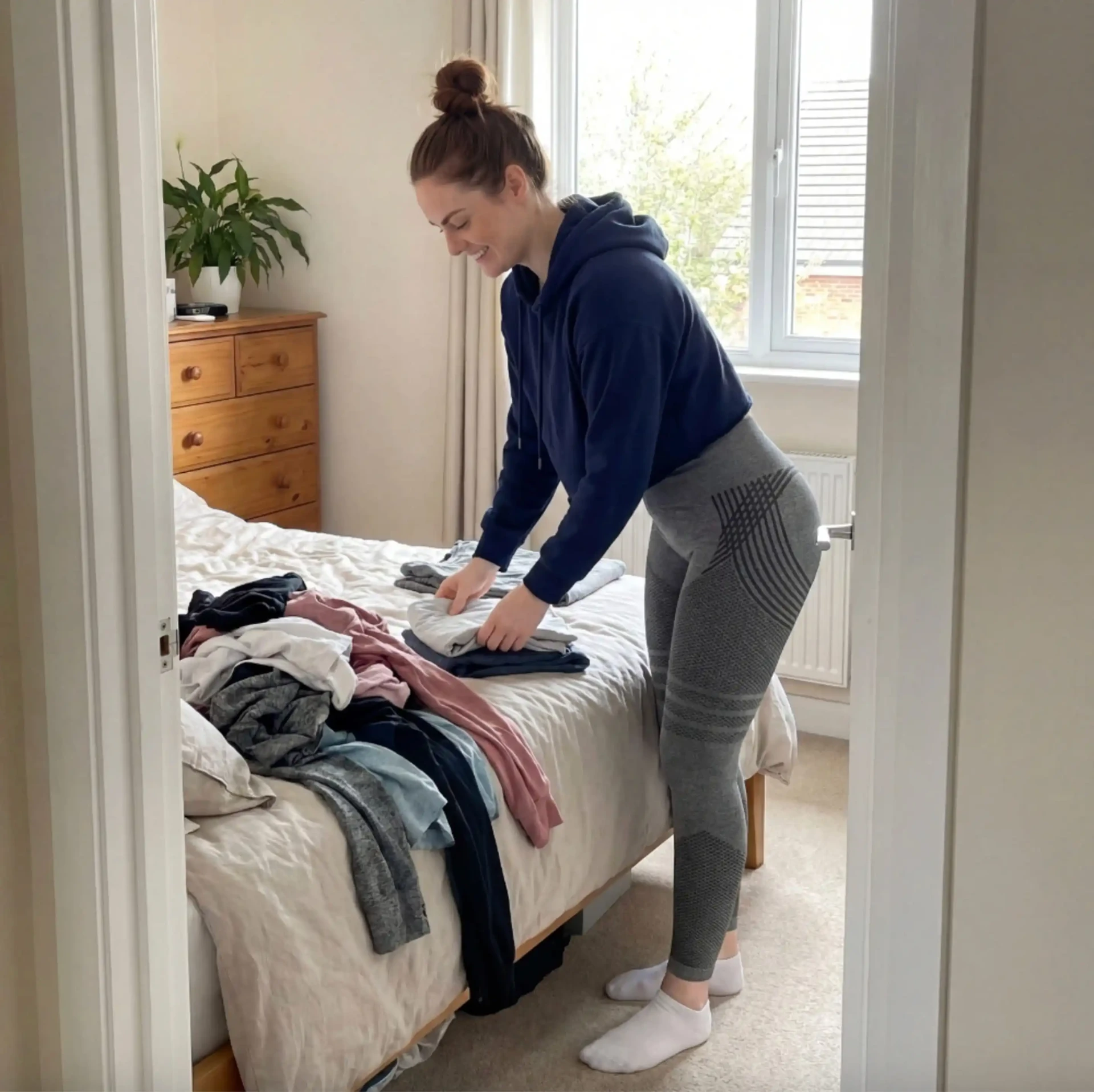Woman folding laundry in a bedroom wearing grey YLA 3D leggings