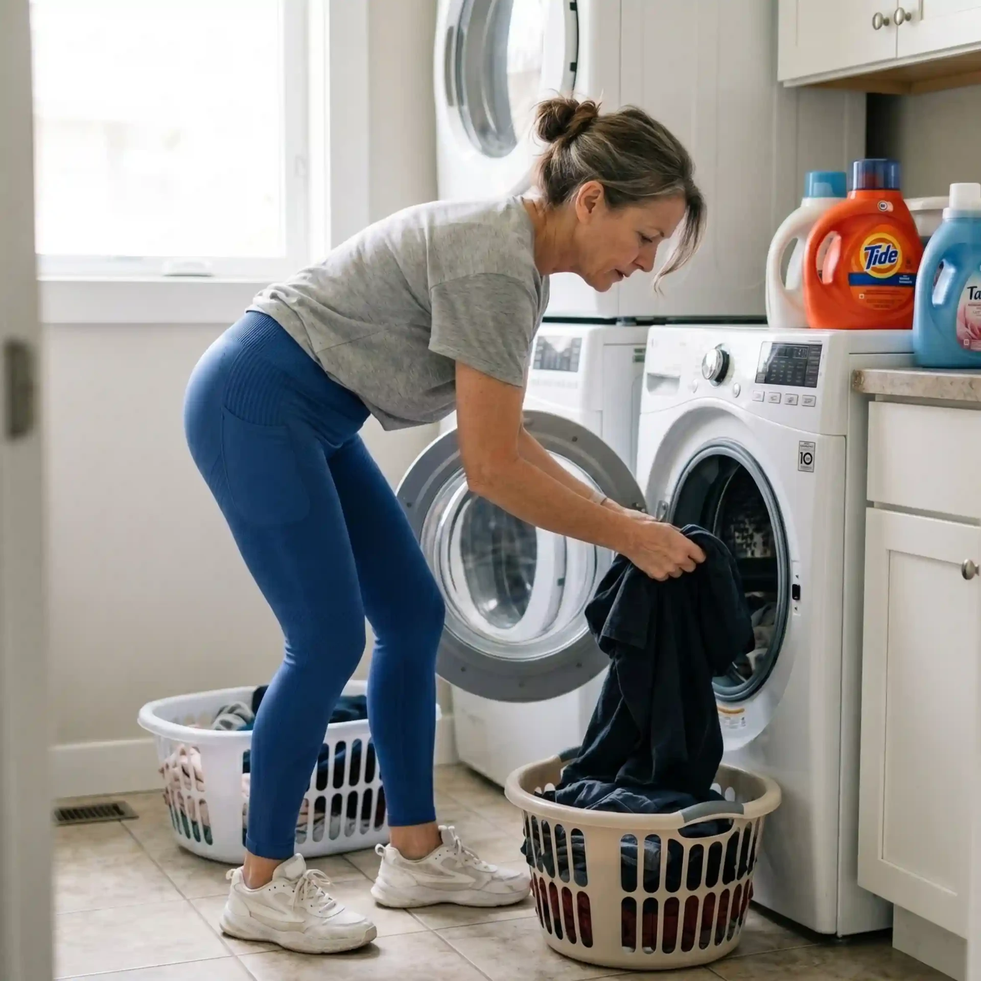 Woman doing laundry in navy blue YLA 3D leggings