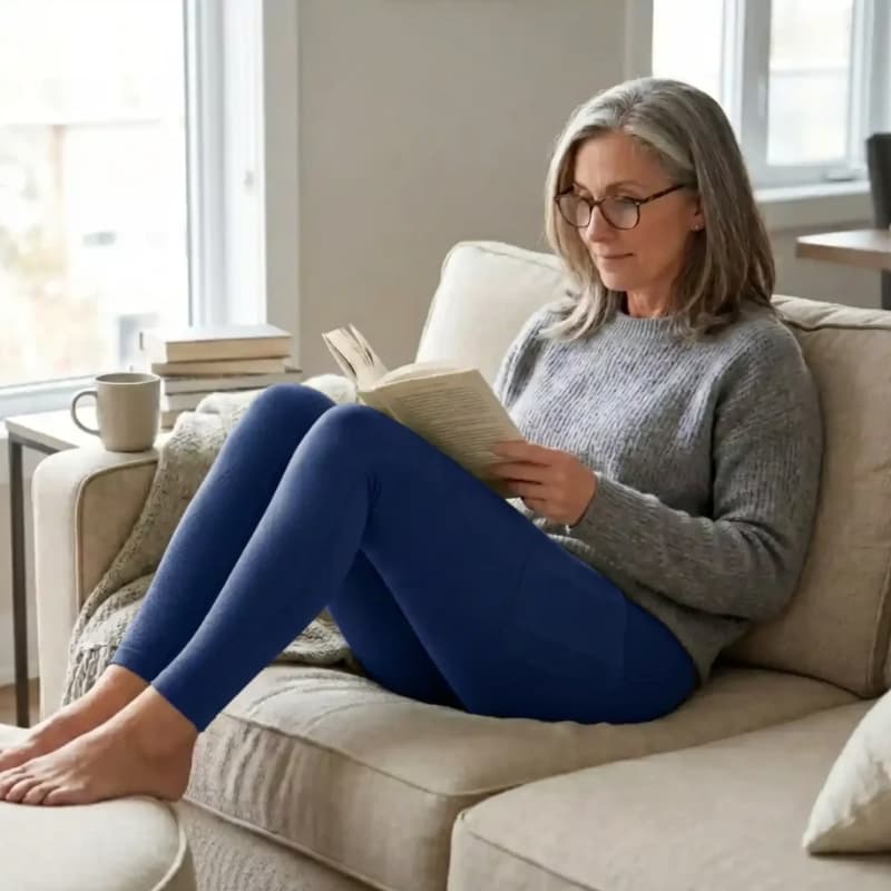 Woman reading on a sofa in navy blue YLA 3D leggings