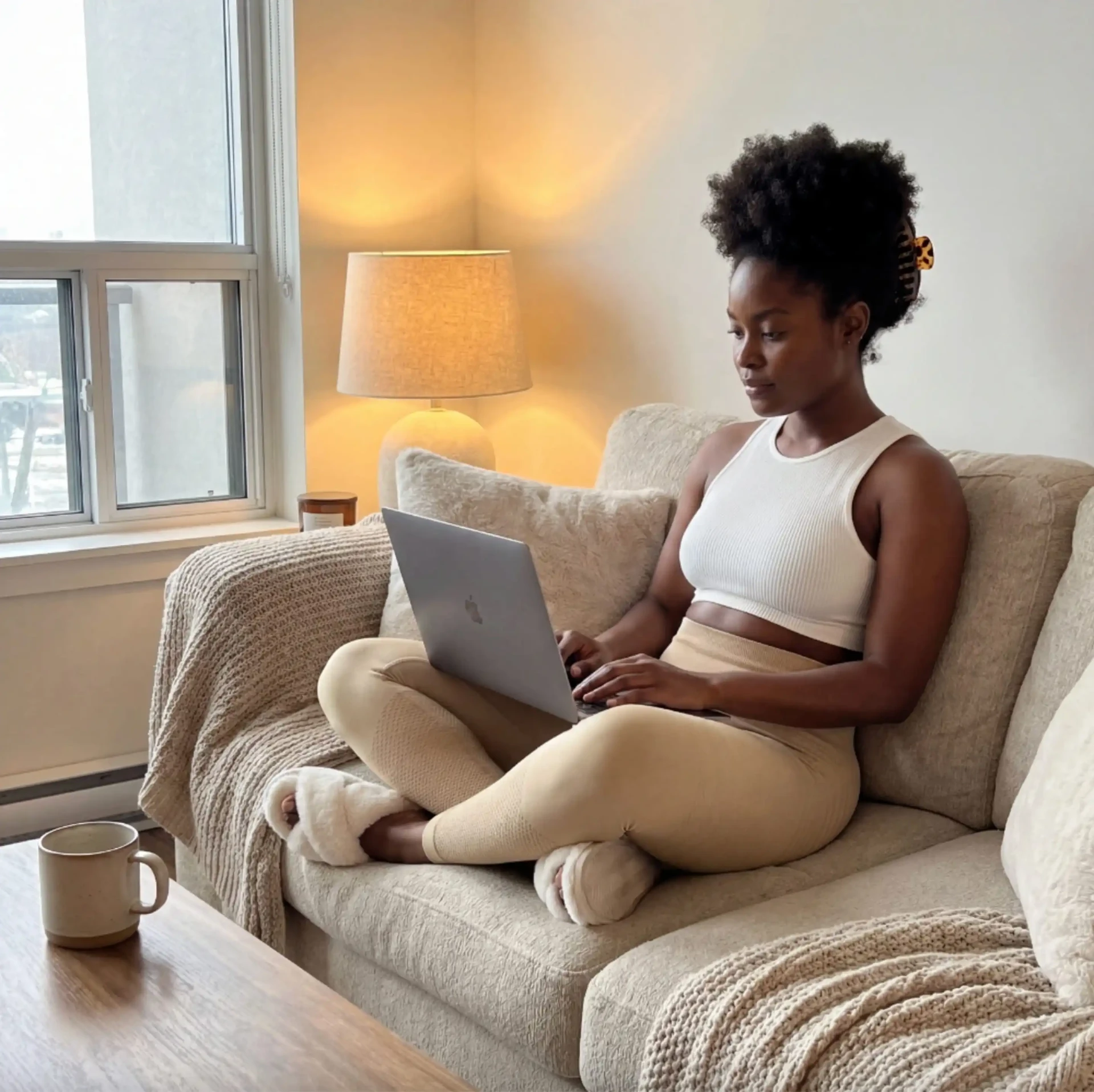Woman relaxing on a sofa in beige YLA 3D leggings