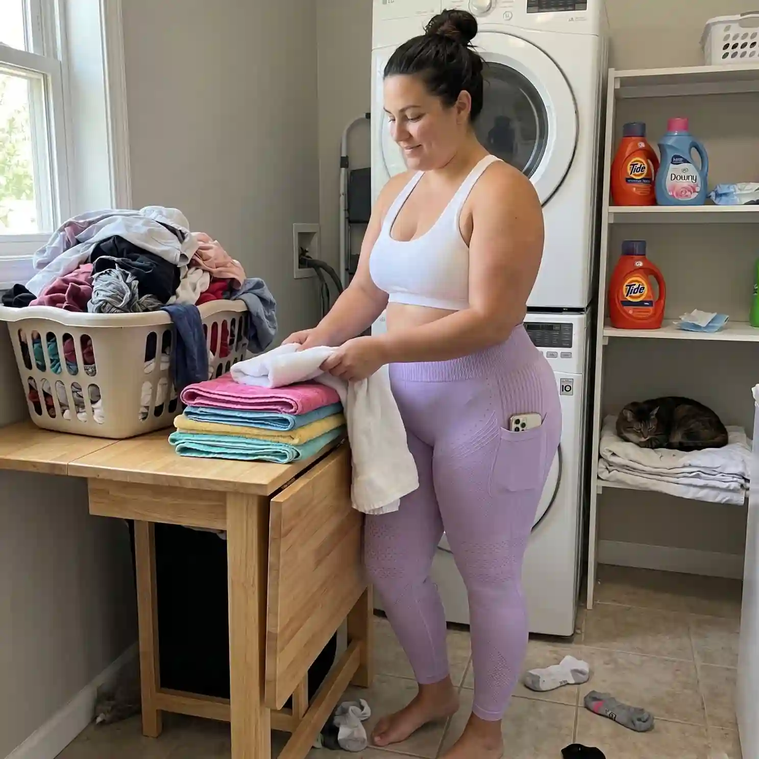 Woman folding laundry in pink YLA 3D leggings